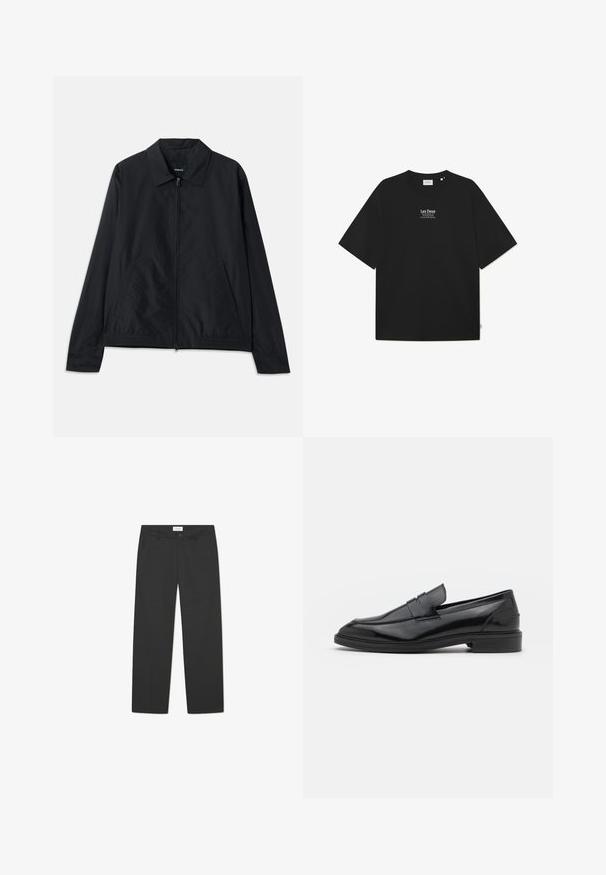 Czarna, lekka kurtka z kołnierzykiem, z przodu na zamek, bocznymi kieszeniami i elastycznym pasem. Gładka, matowa tekstura.; Czarna bawełniana koszulka z luźnym krojem, okrągłym dekoltem i krótkimi rękawami. W centrum znajduje się białe logo z napisem "Les Deux". Minimalistyczny design.; Czarne spodnie wykonane z lekkiego materiału. Posiadają prosty krój, płaski przód, kieszenie boczne oraz dyskretną talię.; Czarne skórzane mokasyny o gładkim wykończeniu, z zaokrąglonym noskiem i wąskim paskiem na górze. Niski, warstwowy obcas.