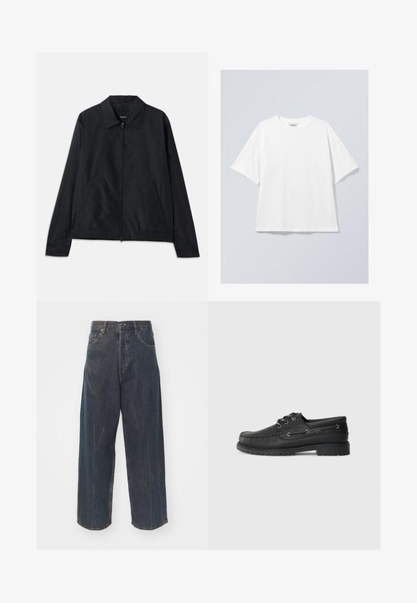Veste légère noire avec un col, fermeture éclair sur le devant, poches latérales et taille élastiquée. Texture lisse et mate.; T-shirt en coton blanc avec un col rond et des manches courtes. Coupe décontractée sans motifs ni accents visibles. Texture lisse.; Jeans en denim bleu foncé à jambes larges avec une texture légèrement déchirée, cinq poches et une fermeture classique à bouton et à glissière à la taille.; Chausson de bateau en cuir noir avec semelle en caoutchouc épaisse, avant à lacets et œillets décoratifs sur les côtés, sur un fond gris clair uni.