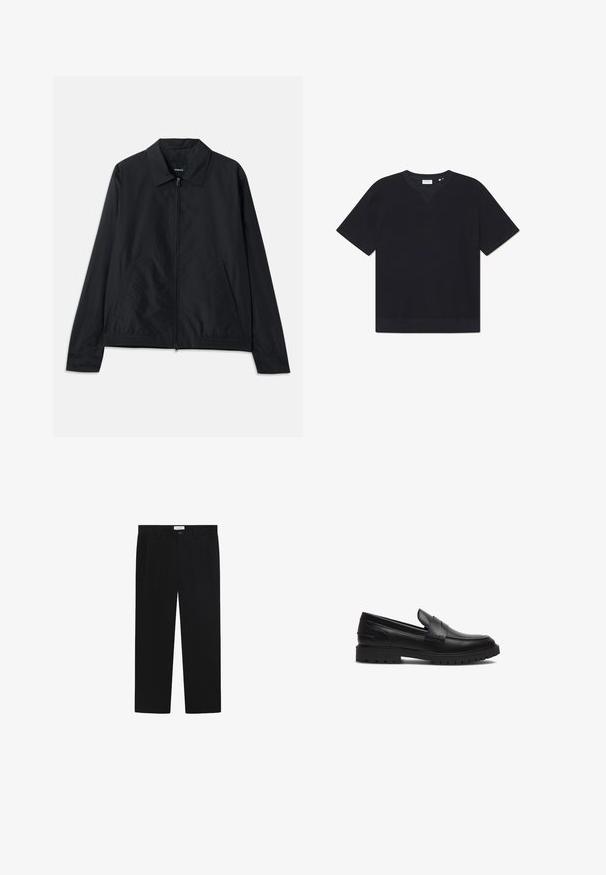 Must sujeeni jope, millel on kaelus, ees tõmblukk, küljetaskud ja elastne vöökoht. Sile, mati tekstuur.; Must musta, lühikeste varrukatega t-särk, mis on valmistatud tekstuursest materjalist, ringklipe ja sirge servaga. Ilma nähtavate mustrite või aktsentideta.; Mustad püksid sirge säärega, ees taskutega ja nööbiga kinnitusega. Valmistatud siledast kangast, millel on läikiv viimistlus.; Les Deux THATCHER - Jalga libistatavad jalanõud - black