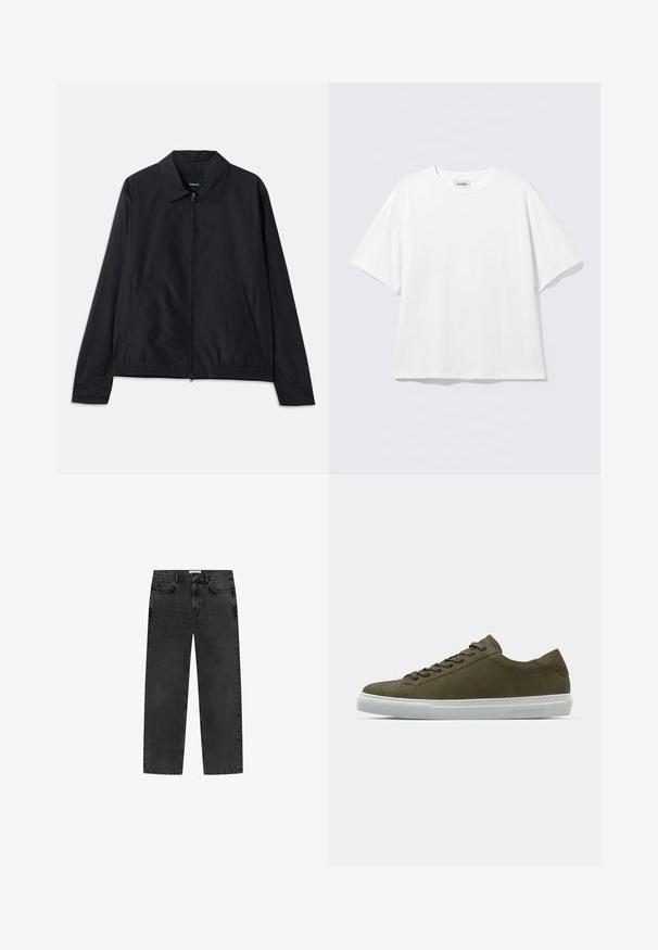 Čierna ľahká bunda s golierom, predným zipsom, bočnými vreckami a elastickým pásom. Hladká, matná textúra.; Biele tričko s krátkym rukávom vyrobené z bavlny s okrúhlym výstrihom a voľným strihom. Bez viditeľných vzorov alebo doplnkov. Jednoduchý dizajn.; Čierne jeany z denimu so striha priamych nohavíc, piatimi vreckami a zapínaním na gombíky. Obsahujú jemne vybledlú textúru a detaily šitia.; Olivovozelené semišové tenisky s bielou gumovou podrážkou, okrúhlou špičkou a plochými šnúrkami. Na boku je branding "LES DEUX." Hladký povrch.