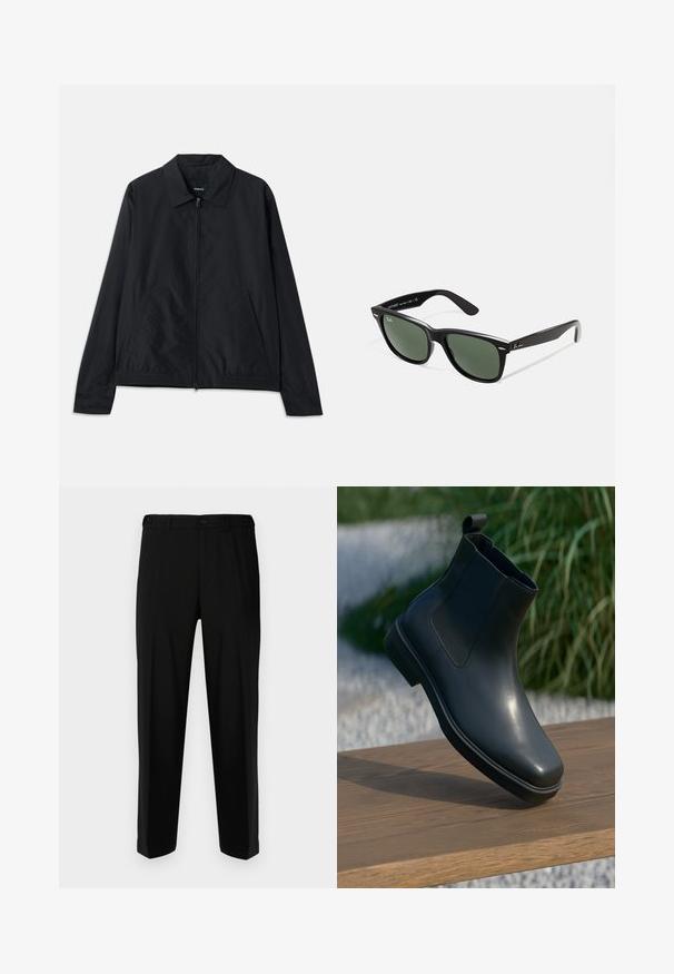 Sort letvægtsjakke med krave, front lynlås, sidelommer og elastisk talje. Glat, mat tekstur.; Bordeauxfarvet langærmet polo skjorte med cremefarvet krave og manchetter, knaplukning foran og cirkulært "Prohibited Berlin" logo på venstre bryst.; Sorte bukser lavet af glat stof, med lige snit, to forlommer og lynlås med knaplukning.; Sort læder ankelstøvle med en glat overflade, elastiske sider og et løkkeagtigt trækstrop, der hviler på en træoverflade mod en sløret baggrund.; Sorte plastiksolkaber med grønne linser, firkantede stel, sølvaccent på brynene og teksturerede templede arme. Angivet mærke på den indre arm.