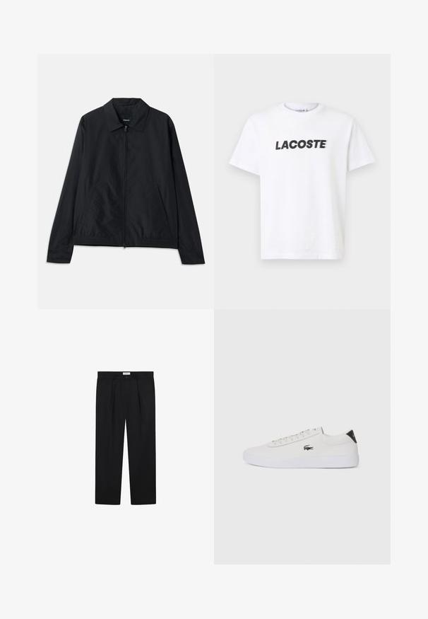 Črna lahka jakna s ovratnikom, sprednjim zadrgo, stranskimi žepi in elastičnim pasom. Gladka, mat tekstura.; Bela bombažna majica s poudarjenim črnim logotipom "LACOSTE" na prsih. Kratki rokavi in oblikovanje z okroglim izrezom.; Črne prilagojene hlače s sprednjimi gubami, ravnim krojem in gumbom za zapiranje. Tkanina izgleda gladko z rahlim sijajem.; Bela usnjena tenisa s okroglo sapo, vezavi na sprednji strani in črnim poudarkom na peti. Ima majhen izšit kroko logo na strani.