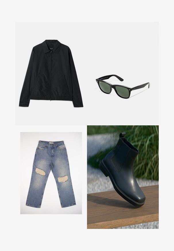 Černá lehká bunda s límečkem, předním zipem, bočními kapsami a elastickým pasem. Hladká, matná textura.; Bílý dlouhý rukáv tričko s kulatým výstřihem, vyrobené z měkké látky, s volným střihem a bez viditelných log nebo vzorů.; Světle modré džíny s přímým střihem, které mají dvě velké ošuntělé nášivky na kolenou a standardní design s pěti kapsami.; Černá kožená kotníková bota s hladkým povrchem, elastickými boky a smyčkovým poutkem, odpočívající na dřevěném povrchu proti rozostřenému pozadí.; Černé plastové sluneční brýle se zelenými skly, čtvercové obroučky, stříbrný detail na obočí a texturované stranice. Značka uvedená na vnitřní straně stranic.