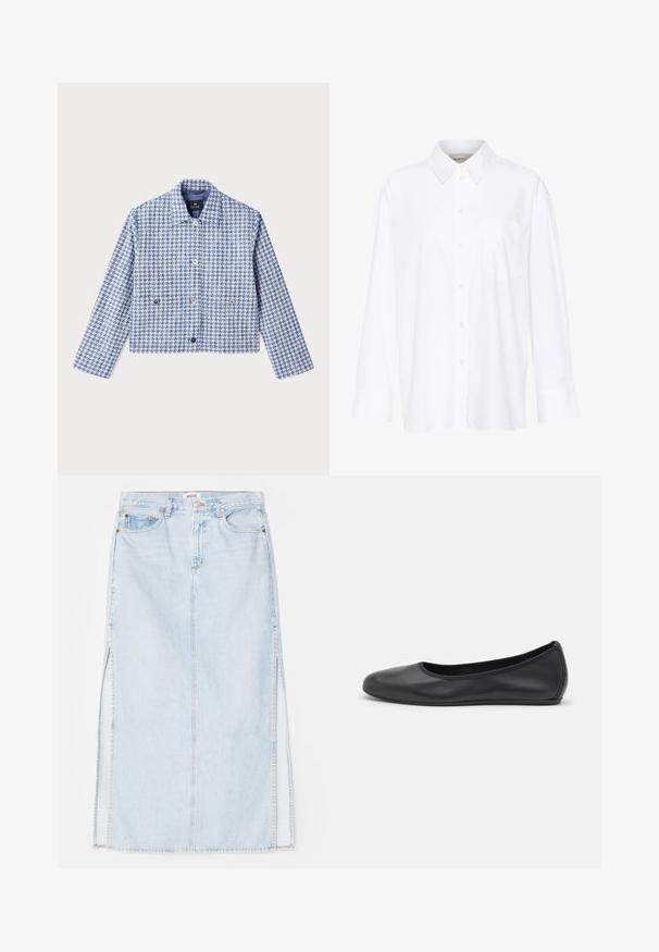 PS Paul Smith Farkkutakki - blue; Valkoinen pitkähihainen kauluspaita, joka on valmistettu puuvillasta. Paidassa on napitettava etuosuus ja yksi rintatasku. Pehmeä pinta, rento malli.; Vaaleansininen farkkumaxi-hame, jossa on suora leikkaus, sivuaukot ja viisitaskumallinen muotoilu. Korostetut saumat ja metallinappikiinnitys.; Musta nahkainen ballerina, jossa on pyöristetty kärki, sileä pinta, minimaalinen ommelkoristelu ja joustava pohjamuotoilu.