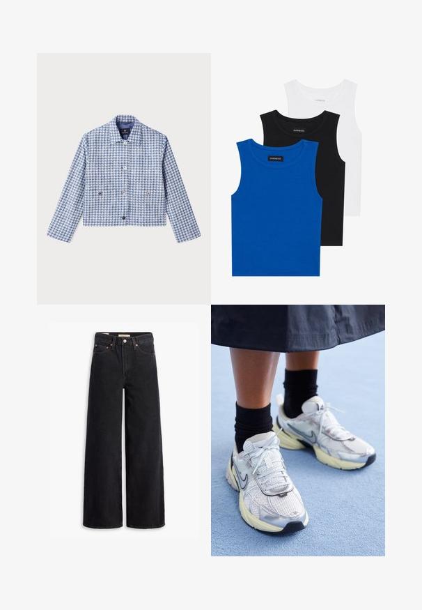 PS Paul Smith Farkkutakki - blue; Kolme hihattomaa paitaa sinisessä, mustassa ja valkoisessa. Kangas on ribattu ja kaula-aukko on pyöreä. Jokaisessa paidassa on "even&odd"-tunnus.; Musta leveälahkeinen farkut, joissa on viisi taskua, kupariset niitit ja klassinen nappisulku. Sileä pinta ja selkeä muotoilu.; Valkoiset ja hopeiset Nike-lenkkarit, joissa on verkkomateriaalia, heijastavia yksityiskohtia ja beige pohja. Käytetään mustien sukkien kanssa, seisten sinisellä pinnalla.