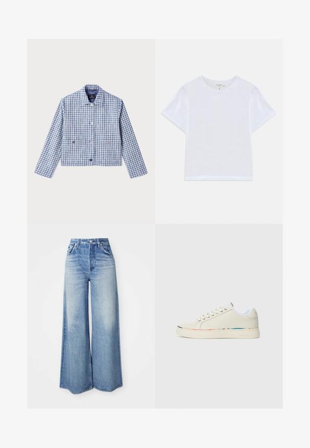 PS Paul Smith Casaco de ganga - blue; Camiseta curta branca feita de algodão suave, com decote redondo e mangas curtas, apresentando um corte ligeiramente descontraído. Sem padrões ou detalhes.; Jeans de perna larga feitos de denim azul claro, com cintura alta, design de cinco bolsos, lavagem desbotada e bainha desfiada.; Sapatilha de cano baixo em off-white com design de atacadores, forro interior branco e detalhes discretos em várias cores ao longo da borda da sola, vista lateral.