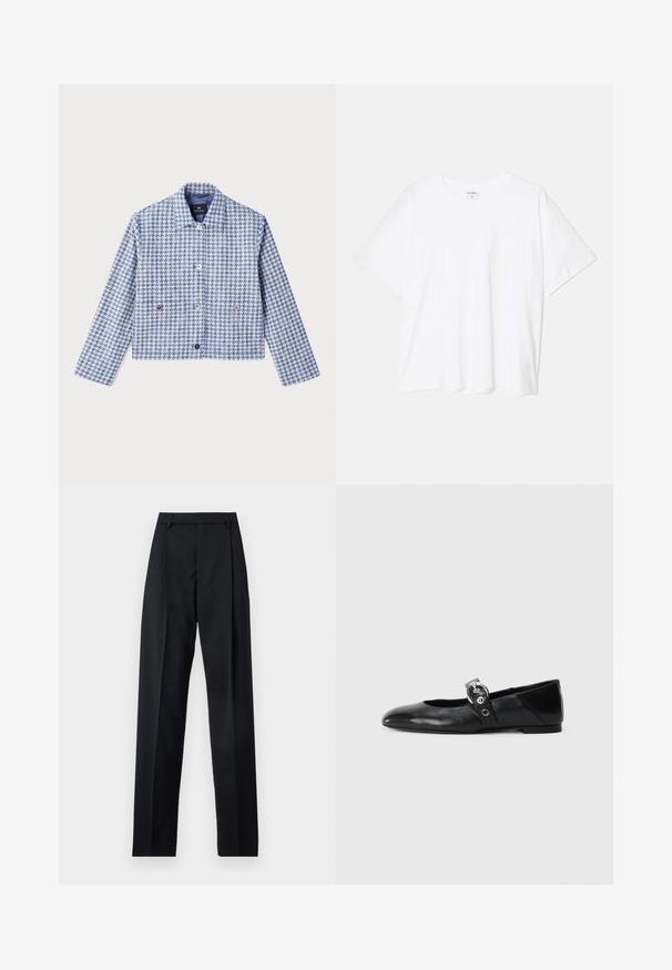 PS Paul Smith Jeansjacka - blue; Vit bomull t-shirt med kort ärm, rund halsringning, avslappnad passform och söm i nederkant. Etikett synlig på insidan av halsen.; Svarta byxor i mjukt tyg med hög midja, vida ben, framfickor och klassiska bältesöglor. Inga sidofickor synliga.; Svarta läderballetskor med spetsig tå, med en rem som har en rund metallspänne och en platt sula.