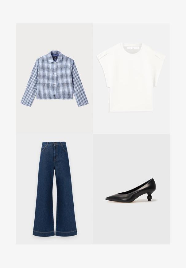 PS Paul Smith Denim jacket - blue; White boxy t-shirt with short sleeves. Made from smooth fabric, featuring a round neckline and subtle shoulder accents. Simple design.; Wide-leg blue denim jeans with a high waist, featuring a button closure, belt loops, and subtle stitching details along the pockets and hems.; Black leather high heel shoe with a pointed toe and a round, balled heel. Smooth texture with a sleek, minimal design.