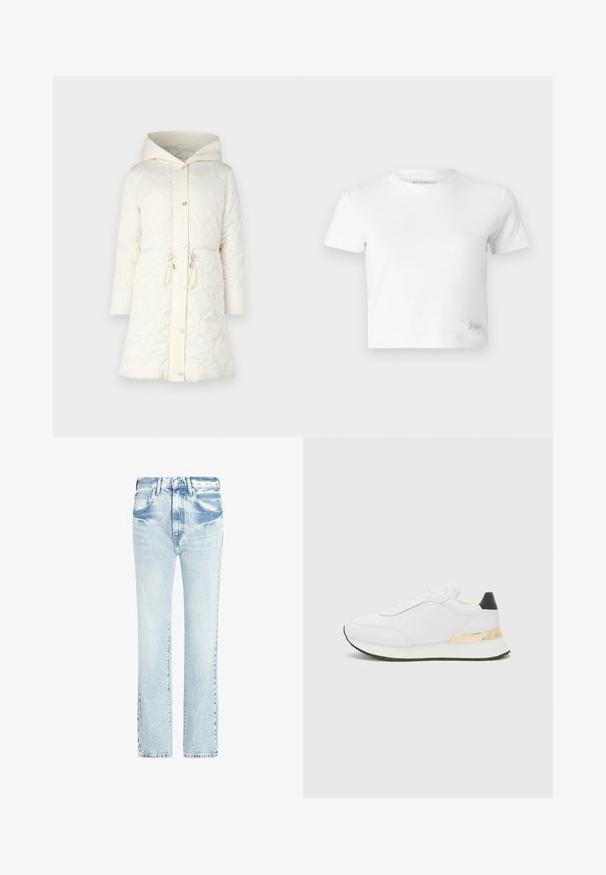 Kvadruota krēma mētelis ar kapuci, pogu aizdare, regulējama josta un dekoratīvs izšuvums. Tam ir mīksta auduma un ribota apkakle.; Balts īsais T-krekls, izgatavots no gludas kokvilnas, ar augstu kakla izgriezumu un īsām piedurknēm. Neliels izšūts logo apakšējā stūrī.; Gai zili džinsi ar taisnu kāju dizainu, piecām kabatām un nolietotu tekstūru. Iekļauj redzamas šuves un klasisku pogu aizdari.; Baltas sporta apavs ar gludu virsmu, ar melnu papēža akcentu un zeltītu metāla detaļu uz vidus zoles. Saista dizains, gumijas zole.