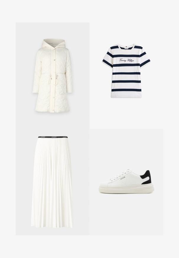 Abrigo de crema acolchado con capucha, cierre de botón, cintura con cordón y costuras decorativas. Presenta un tejido suave y cuello acanalado.; Camiseta de algodón con rayas horizontales azul marino sobre un fondo blanco. "Tommy Hilfiger" bordado en cursiva en el pecho. Escote de tipo crew.; Falda blanca plisada con una cinturilla elástica negra que presenta el logotipo "LACOSTE". Diseño de longitud media con textura suave.; Zapatillas blancas de cuero con una suela blanca gruesa, acento en el talón de ante negro y logo grabado en el lateral. Diseño de cordones con seis ojales.