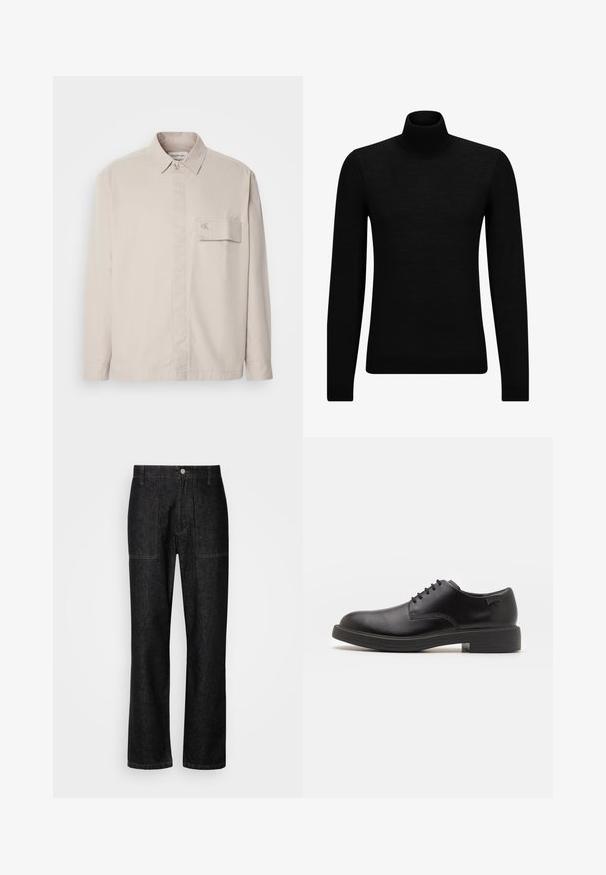 Bežena košulja dugih rukava od pamuka s ovratnikom na gumbe, prednjim džepom i suptilnim logotipom na džepu. Glatka tekstura, klasični dizajn.; Crni dukserica s visokim ovratnikom, napravljena od mekanog materijala, s dugim rukavima i priljubljenim krojem. Rebrasti detalji na donjem rubu i rukavima. Jednostavan dizajn.; Crne traperice s ravnim nogavicama, vidljivim šavovima i zatvaranjem na gumb sprijeda. Uključuju dva bočna džepa i dva stražnja džepa.; Crne kožne cipele s vezanjem i zaobljenim vrhom, glatke teksture, minimalnim šavovima i niskim gumiranim potplatom. Logo se nalazi na peti.