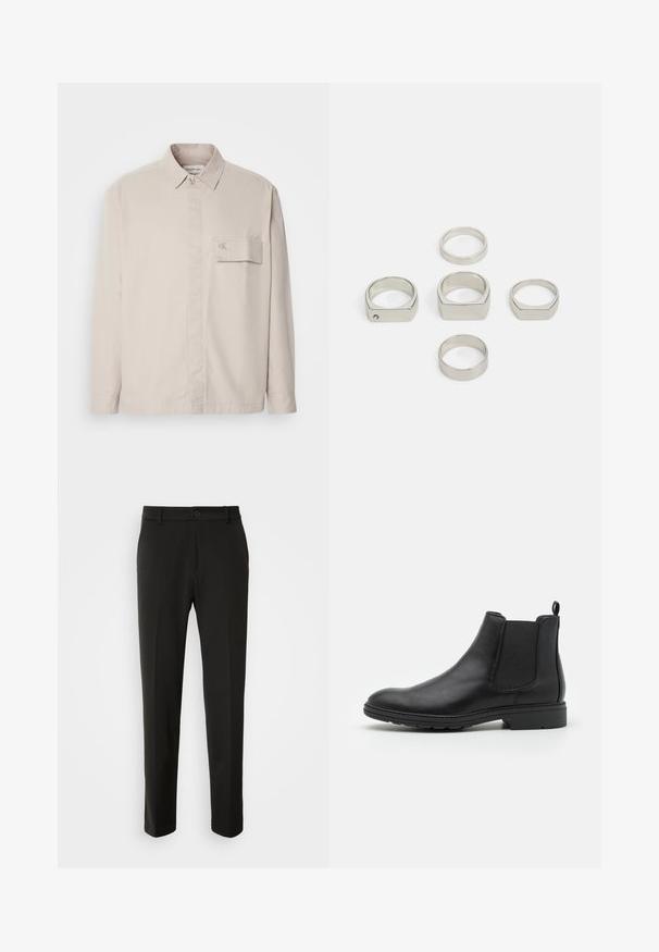 Beige színű, hosszú ujjú, pamutból készült ing gombos gallérral, elülső zsebbel és diszkrét logóval a zseben. Sima textúra, klasszikus dizájn.; Fekete garbó pulóver puha anyagból, hosszú ujjakkal és szoros fazonnal. Ribbed díszítés az alján és az ujjak végén. Egyszerű dizájn.; Fekete nadrág sima szövetből, egyenes lábakkal, gombos záródással és klasszikus designnal, amely alkalmas formális vagy hétköznapi viseletre.; Fekete bőr Chelsea csizma, elasztikus oldalpanellel és húzófüllel, lekerekített orral és texturált gumitalppal.; Hat darab fémes ezüstgyűrű, különböző formákban, beleértve a kerek és négyzetes kialakítást, sima textúrával és minimalista designnal.