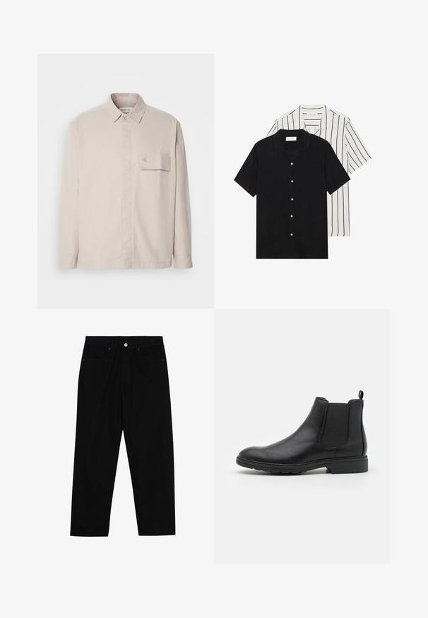 Beige langærmet skjorte lavet af bomuld med knapkrave, frontlomme og subtilt logo på lommen. Glat tekstur, klassisk design.; To korteærmede skjorter: en ensfarvet sort og en hvid med sorte lodrette striber. Begge har knaplukninger og en klassisk krave.; Sorte denimbukser med lige ben, fem lomme-design og knaplukning foran. Glat tekstur med minimale syninger.; Sort læder Chelsea-boot med elastiske sidepaneler og en løftestrop, der har en rund tå og en tekstureret gummisål.