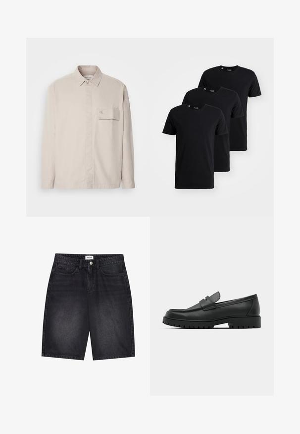Beżowa koszula z długim rękawem wykonana z bawełny, z zapięciem na guziki przy kołnierzyku, przednią kieszenią i subtelnym logo na kieszeni. Gładka tekstura, klasyczny design.; Trzy czarne bawełniane T-shirty ułożone w stos. Każdy z nich ma okrągły dekolt i krótkie rękawy o gładkiej fakturze.; Czarne szorty dżinsowe o klasycznym kroju. Posiadają pięć kieszeni, zapięcie na guziki z przodu oraz detale w postaci przeszyć. Gładka faktura i prosty krój.; Czarne skórzane mokasyny z zaokrąglonym noskiem, posiadające przeszywany wzór, niską platformę oraz teksturowaną, gumową podeszwę z bieżnikiem.