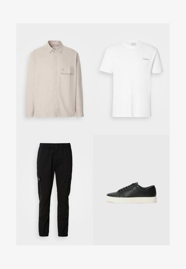 Camisa de manga longa bege feita de algodão, com colarinho abotoado, bolso frontal e logotipo sutil no bolso. Textura suave, design clássico.; Camiseta de algodão branca com mangas curtas e decote redondo. Apresenta um pequeno logótipo preto "Calvin Klein" no lado esquerdo do peito.; Calças cargo pretas com cintura elástica, fecho de botão, dois bolsos laterais e dois bolsos cargo. Tecido suave com um ajuste relaxado.; Sneakers de couro preto com textura perfurada, bico redondo e sola de borracha branca plana. Apresenta atacadores pretos e um logótipo discreto na lateral.