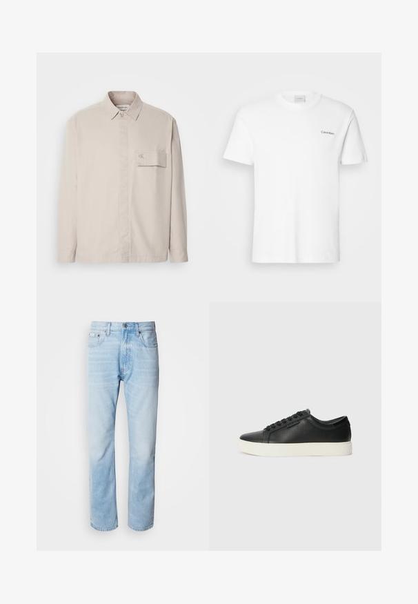 Beige Langarmhemd aus Baumwolle mit einem knöpfbaren Kragen, Vordertasche und einem dezenten Logo auf der Tasche. Glatte Textur, klassisches Design.; Weißes Baumwoll-T-Shirt mit kurzen Ärmeln und Rundhalsausschnitt. Mit einem kleinen schwarzen "Calvin Klein"-Logo auf der linken Brust.; Hellblaue Jeans aus Denim mit geradem Schnitt, die verblasste Abschnitte, ein Fünf-Taschen-Design und einen klassischen Knopfverschluss aufweisen.; Schwarze Leder-Sneaker mit perforierter Textur, runder Zehenpartie und flacher, weißer Gummisohle. Mit schwarzen Schnürsenkeln und einem dezenten Logo an der Seite.
