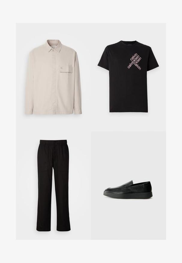 Beige long-sleeve shirt made of cotton with a buttoned collar, front pocket, and subtle logo on the pocket. Smooth texture, classic design.; Black cotton T-shirt featuring a diagonal pink "calvin klein" logo print on the front. Short sleeves and rounded neckline.; Black pants with a relaxed fit, made from lightweight fabric. Features an elastic waistband, button closure, and two front pockets.; Calvin Klein HYBRID CUP - Slip-ons - triple black