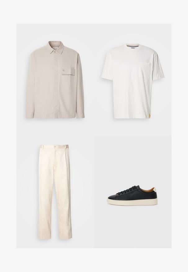 Beige Langarmhemd aus Baumwolle mit einem knöpfbaren Kragen, Vordertasche und einem dezenten Logo auf der Tasche. Glatte Textur, klassisches Design.; Weißes Baumwoll-T-Shirt mit Rundhalsausschnitt, kurzen Ärmeln und einer Brusttasche auf der linken Seite. Enthält ein kleines Logotag an der Seitennaht.; Beige Baumwollhose mit geradem Bein, ausgestattet mit einem Knopfverschluss und Falten an der Vorderseite für zusätzliche Details.; Schwarze Ledersneaker mit glatter Textur, beiger Gummisohle, Schnürdesign und einem kontrastierenden Fersenakzent.