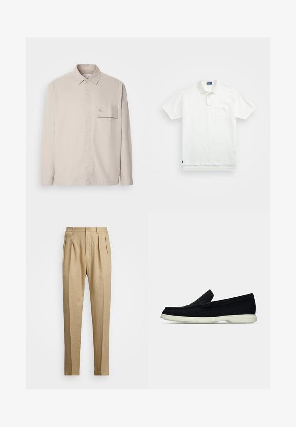 Beige langærmet skjorte lavet af bomuld med knapkrave, frontlomme og subtilt logo på lommen. Glat tekstur, klassisk design.; Hvid polo-shirt lavet af bomuld, med en klassisk krave, tre-knaps knaplukning og en lomme på venstre bryst; lille logo ved kanten.; Beige linnedbukser med lige snit, prydet med to forkørsler, knaplukning og sidelommer. Struktureret stof med en glat overflade.; Sort slip-on sko med afrundet tå, der har en tekstureret overdel, glat hvid sål og en subtil branddetalje på siden.
