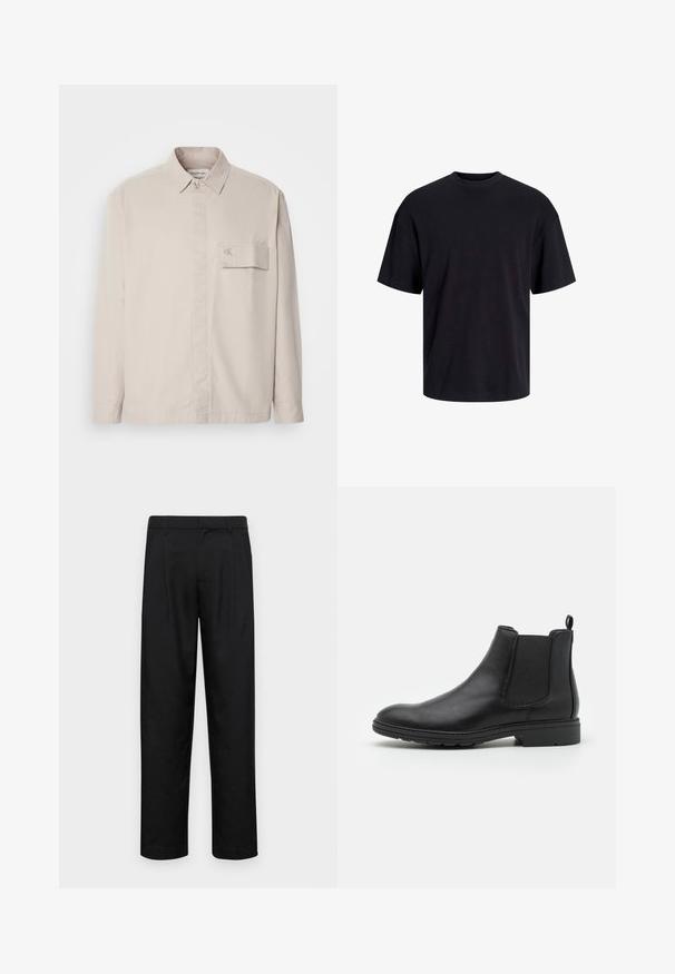 Beige long-sleeve shirt made of cotton with a buttoned collar, front pocket, and subtle logo on the pocket. Smooth texture, classic design.; Black cotton t-shirt with a crew neckline, short sleeves, and a relaxed fit. Smooth texture and no visible patterns or accents.; Black trousers made of smooth fabric, featuring a straight-leg design, two front pleats, and standard waistband with belt loops.; Black leather Chelsea boot with elastic side panels and a pull tab, featuring a rounded toe and textured rubber sole.