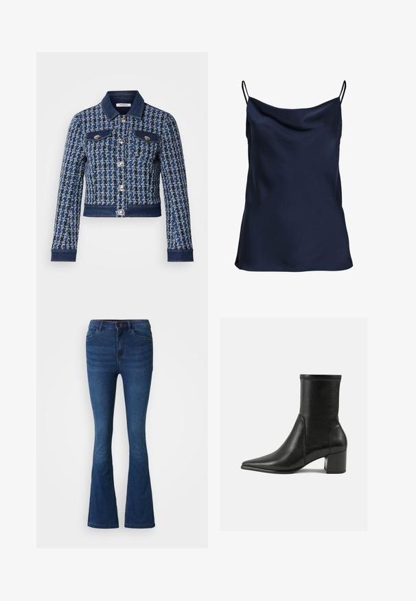 jeansjakke med et struktureret blåt og sort vævet mønster, sølvknapper, to brystlommer og denimdetaljer på kraven og sømmen.; Mørkeblå satin camisole med en drapert neckline, tynde justerbare stropper og en blød, glat tekstur. Simpelt design uden mønstre.; Mørkeblå denim flare jeans med for- og baglommer, knap- og lynlåslukning samt slidte detaljer på lår og knæ.; Sorte ankelstøvler lavet af glat læder, med spids tå, en blokhæl og markant hævet syning ved den øverste kant.