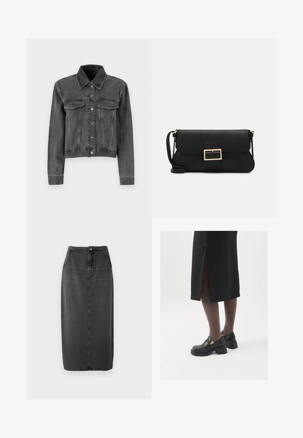 ONLY ONLHUDSON DECO JACKET - Denim jacket - grey denim; ONLY ONLSARA GLITTER - Cardigan - pumice stone/black/gold glitter; White sleeveless tank top made of ribbed fabric, featuring a rounded neckline and a fitted silhouette, with minimal seams and no embellishments.; Black denim midi skirt with a straight cut, front button closure, and side pockets. Features a smooth texture and subtle fading.; Black leather shoes with a rounded toe, thick block heel, and elastic side accents, paired with dark tights and a black skirt with a slit.; Black leather clutch bag with a flap and a gold metal buckle detail. Includes a black strap and a sleek, minimalist design.