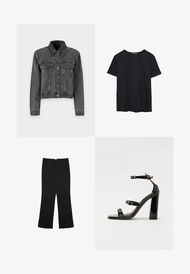 ONLY ONLHUDSON DECO JACKET - Jeansjacka - grey denim; En enkel svart bomulls T-shirt med kort ärm och rund hals, uppvisad på en vit bakgrund.; Svarta byxor med rak passform, utrustade med framfickor och sidoklyvningar vid fållen. Tillverkade av mjukt, slätt tyg. Lämpliga för olika tillfällen.; Svarta lackerade klacksandaler med fyrkantig tå, ankelremmar och silverfärgade spännen. Har en kraftig blockklack för stabilitet.