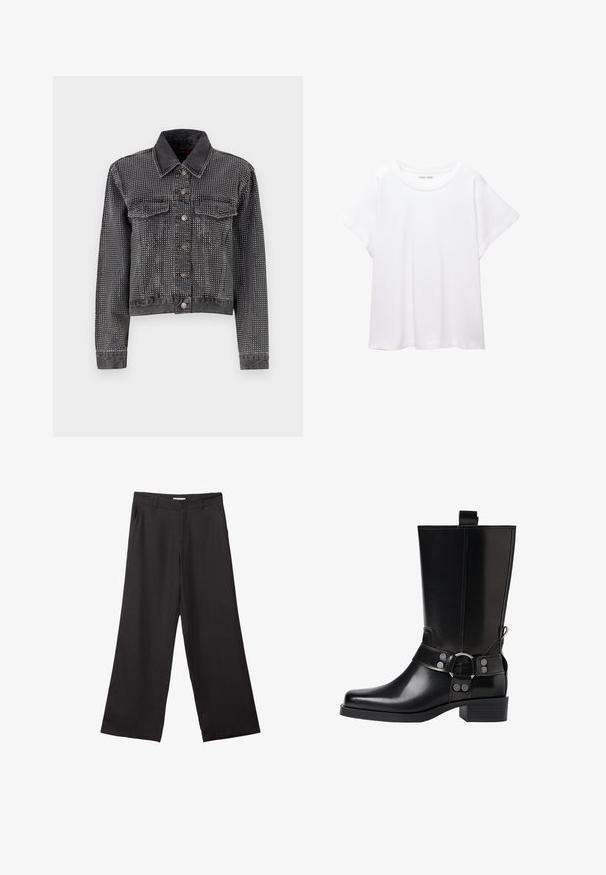 ONLY ONLHUDSON DECO JACKET - Giacca di jeans - grey denim; T-shirt bianco realizzato in un tessuto morbido e leggero. Presenta un collo rotondo e maniche corte e larghe con vestibilità morbida. Nessun motivo visibile.; Pantaloni neri a gamba larga realizzati in tessuto liscio, con zip frontale e due tasche laterali, dal taglio sartoriale e design minimalista.; Stivale in pelle nera alto fino al ginocchio con punta affusolata, dettagli in argento e tacco largo. Presenta un inserto per facilitare l'indossamento.