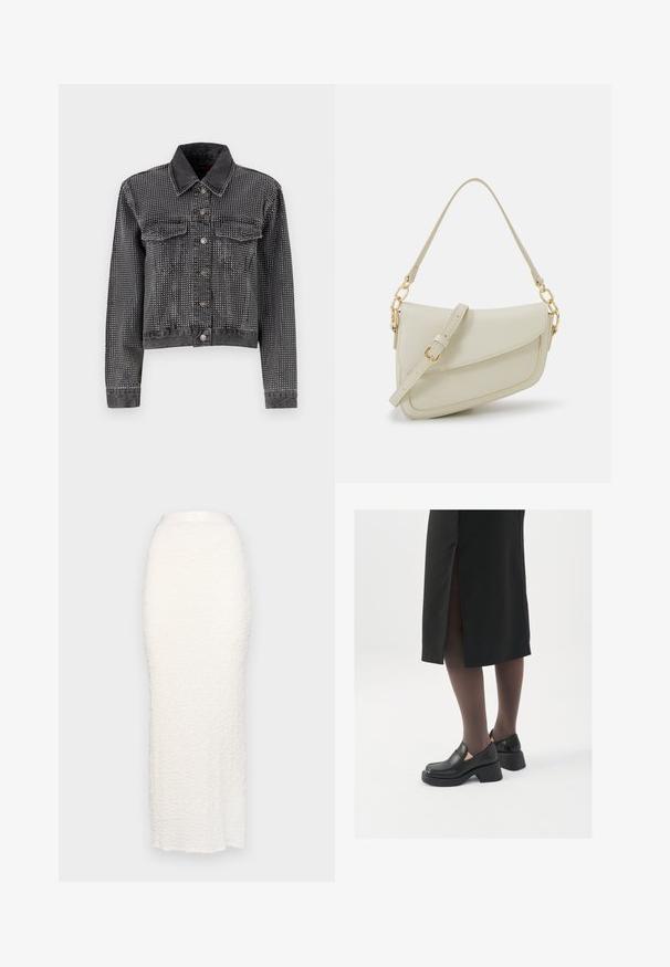 ONLY ONLHUDSON DECO JACKET - Τζιν μπουφάν - grey denim; Λευκό μανίκι τοπ χωρίς μανίκια φτιαγμένο από ριμπ ύφασμα, με στρογγυλή λαιμόκοψη και εφαρμοστή σιλουέτα, με ελάχιστες ραφές και χωρίς διακοσμήσεις.; Gina Tricot STRUCTURE MAXI SKIRT - Μάξι φούστα - white; Μαύρα δερμάτινα παπούτσια με στρογγυλή μύτη, χοντρό τετράγωνο τακούνι και ελαστικές πλάγιες λεπτομέρειες, συνδυασμένα με σκούρες καλσόν και μια μαύρη φούστα με σχίσιμο.; Μικρή κρέμα τσάντα χεριού με υφή, μακριά ρυθμιζόμενη λουρί, αλυσίδα ως διακόσμηση και κλείσιμο με καπάκι. Χρυσές λεπτομέρειες.