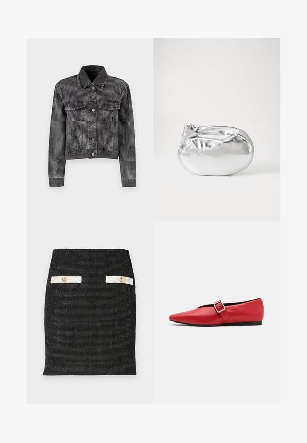 ONLY ONLHUDSON DECO JACKET - Farkkutakki - grey denim; Valkoinen hihaton toppi, joka on valmistettu ribbikankaasta, ja jossa on pyöreä pääntie ja tiukka siluetti, minimaalisin saumoin ja ilman koristeita.; Musta tweed-hame, jossa on teksturoitu kangas ja muotoiltu malli. Sisältää kaksi valkoista taskukoristetta kultasävyisillä napeilla.; Punainen nahkainen tasapohjainen kenkä, jossa on terävä kärki, sivuhihna metalli soljella ja matala musta korko. Tasainen pintakäsittely.; Hopeapintainen metallinen pussilaukku, jolla on pehmeä, pyöreä muoto ja solmittava yläosa. Valmistettu sileästä tekonahkamateriaalista.