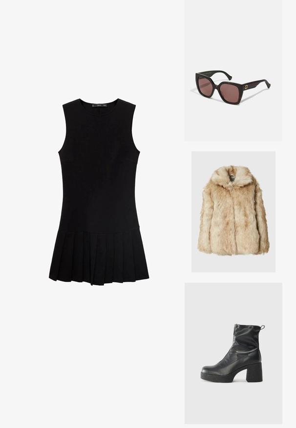 Lažni krzneni kaput u svijetloj bež boji s mekanom, gustu teksturu, s kapuljačom i širokim rukavima. Glatka površina s pahuljastim izgledom.; Crna haljina bez rukava s prilagođenim tijelom i nabranom suknjom. Izrađena od glatkog materijala, ima okrugli izrez i bez vidljivih metalnih dijelova.; Crne gležnjače od glatke kože, s bočnim zatvaračem, debelim teksturiranim potplatom i dizajnom s zaobljenim prstima.; Kauvasti oblikovane naočale od kornjačevine s smešnim lećama i zlatnim Gucci logotipom na sljepoočnicama, prikazane na bijeloj pozadini.; Crna kožna torba s lukovitim oblikom, odvojivim remenom i zlatnim detaljima. Torba ima preklop s kopčom.