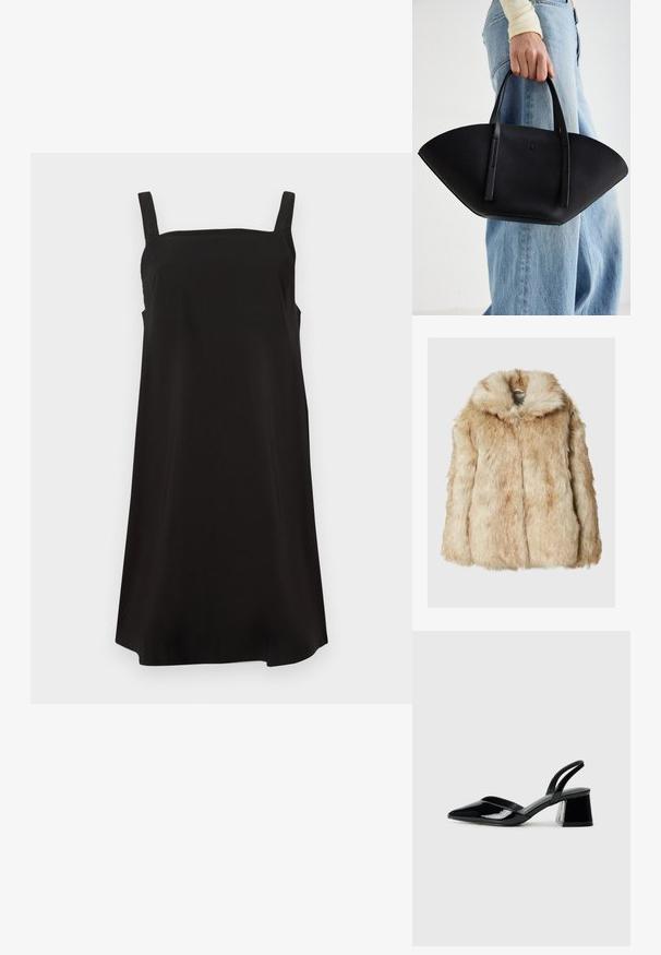 Lažni krzneni kaput u svijetloj bež boji s mekanom, gustu teksturu, s kapuljačom i širokim rukavima. Glatka površina s pahuljastim izgledom.; Crna bezrukavna haljina sa kvadratnim dekolteom, izrađena od glatkog materijala, s opuštenim krojem i ravnim rezom. Nema vidljivih uzoraka ili dodataka.; Crne lakirane kožne sandale s otvorenom petom i špicastim vrhom, s geometrijskom blok petom. Imaju elegantan, minimalistički dizajn i glatku teksturu.; Crna kožna torba jedinstvenog oblika ventilatora, s ravnim ručkama. Površina ima teksturu sličnu šljunku i minimalistički dizajn.