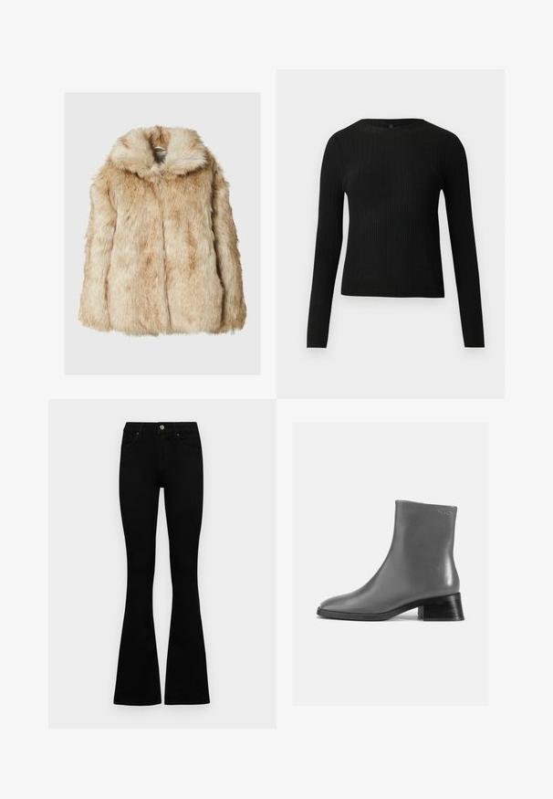 Casaco de pele falsa em bege claro com uma textura suave e densa, apresentando um capuz e mangas largas. Acabamento liso com uma aparência fofa.; Suéter preto de mangas compridas com textura canelada, justo ao corpo, com um decote redondo, exibido contra um fundo claro e liso.; Jeans pretos de cintura alta com fecho de botão e zíper, bolsos frontais e pernas largas dispostos em cima de um fundo branco.; Bota de tornozelo em couro cinza com bico arredondado e um tacão preto curto e empilhado. Textura lisa com detalhes mínimos.