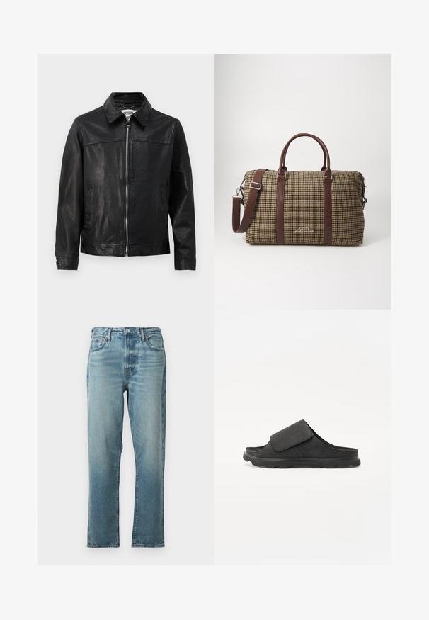 Black leather jacket with a collared neckline, front zipper, and side pockets. Smooth texture with minimal stitching details.; White short-sleeve t-shirt made of cotton, featuring a crew neckline and a relaxed fit with straight hemline.; Light blue denim jeans with a straight cut, featuring faded areas and subtle whiskering. Traditional five-pocket design with metallic hardware.; Black slide sandal with a soft suede upper, adjustable strap, cushioned footbed, and textured rubber sole for grip.; Les Deux Weekend bag - sand