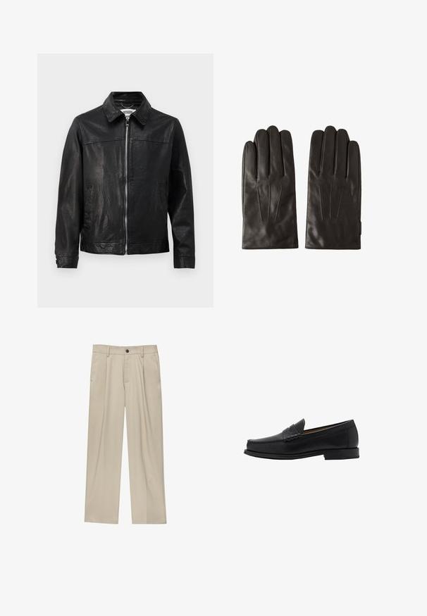 Zwarte leren jas met een kraaghalslijn, ritssluiting aan de voorkant en zijzakken. Glad textuur met minimale stikseldetails.; Zwarte henley shirt met lange mouwen, gemaakt van gestructureerde stof, met een drieknoopssluiting, ronde hals en aansluitende manchetten.; Beige broek met een rechte snit, voorzien van een enkele zwarte knoop, riemlussen en zijzakken. Glad stoffen textuur en een minimalistisch ontwerp.; Mango Zakelijke loafers - black; Zwarte leren handschoenen met een gladde textuur, voorzien van vijf vingercompartimenten en drie subtiele stikselranden op de rug voor een ontwerpdetail.