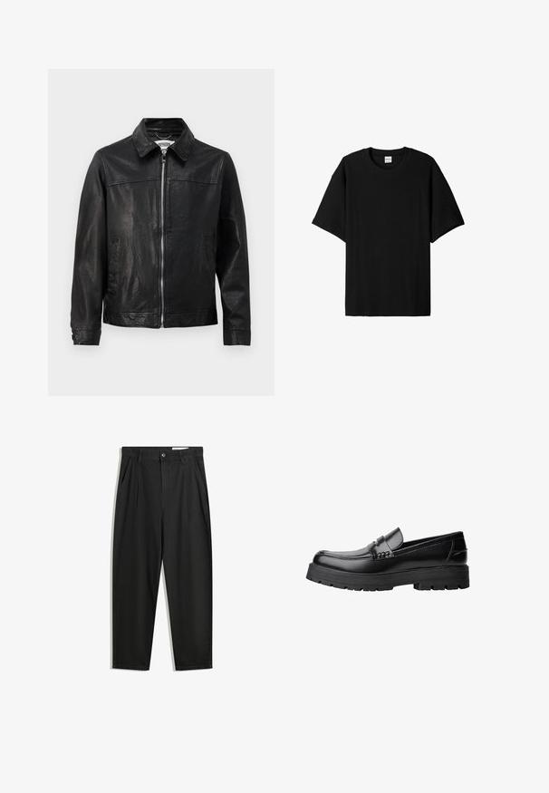 Črna usnjena jakna s ovratnikom, sprednjim zadrgo in stranskimi žepi. Gladka tekstura z minimalnimi šivi.; Črna rebrasta majica s kratkimi rokavi in okroglim izrezom, ki ima sproščen kroj in teksturirano površino. Enostaven dizajn; brez grafik ali dodatkov.; Črne bombažne hlače s sproščenim krojem, ki vključujejo klasičen pas, sprednje gube in stranske žepke. Gladka tekstura brez vzorcev.; Črne usnjene loafersice s debelim profiliranim podplatom in dekorativnim pasom čez zgornji del, prikazane v levem stranskem profilu na beli podlagi.