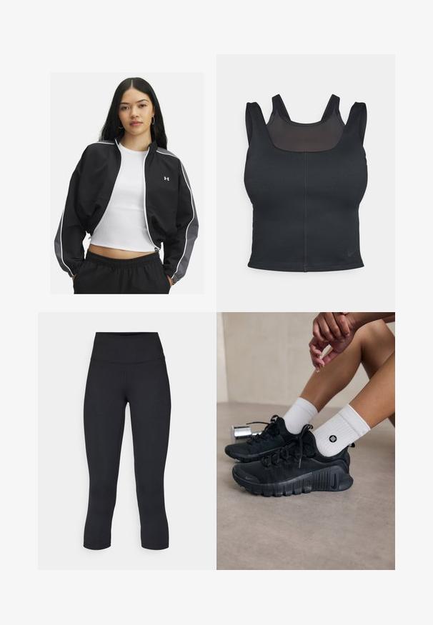 Čierna športová bunda s šedými akcentmi, elastickými manžetami a zipsom na prednej strane. Obsahuje biele pásiky a logo Under Armour na hrudi.; Čierna športová podprsenka s priliehavým strihom, širokými ramienkami a sieťovinou na prednej strane. Hladký povrch a minimálne švy. Logo Nike na leme.; Čierne skrátené legíny vyrobené z elastického materiálu, s vysokým pásom a hladkou textúrou, bez viditeľných vzorov alebo kovania.; Čierne športové topánky s textúrovanou látkou, šnurovací dizajn a výrazná podrážka, doplnené o biele rebrované ponožky s malým logom.