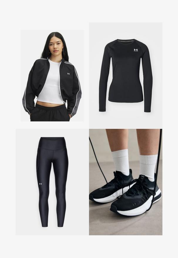 Zwarte sportjack met grijze accenten, elastische manchetten en een ritssluiting aan de voorkant. Heeft een witte piping en een Under Armour-logo op de borst.; Zwart sportshirt met lange mouwen, gemaakt van een gladde stof, met een ronde halslijn en een klein wit logo op de linkerborst.; Zwarte leggings van glad, rekbaar materiaal met een hoge tailleband. Heeft een wit logo op de linkerdij en een aansluitend ontwerp.; Zwarte sportschoenen van gestructureerde stof, met een witte zool en zwarte veters. Draag ze met witte geribde sokken, staand op een lichte ondergrond.