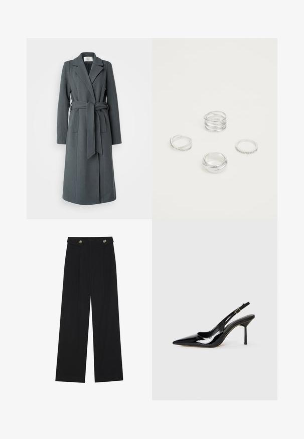 Cappotto grigio in misto lana con collo a revers, maniche lunghe e vita sagomata. Presenta una cintura coordinata e tasche laterali. Texture liscia.; T-shirt bianco a maniche corte in cotone. Presenta una vestibilità morbida con scollatura rotonda e spalle leggermente cadenti. Senza fantasie o dettagli.; Pantaloni neri a gamba larga con vita alta, dettagli con bottoni in vita e pieghe frontali.; Scarpa slingback con tacco a stiletto in vernice nera, punta affusolata, dotata di una sottile fascia e una fibbia dorata, su sfondo bianco.; Quattro anelli in argento con disegni diversi: banda attorcigliata, curve sovrapposte, cristalli delicati e una banda liscia con piccoli dettagli.