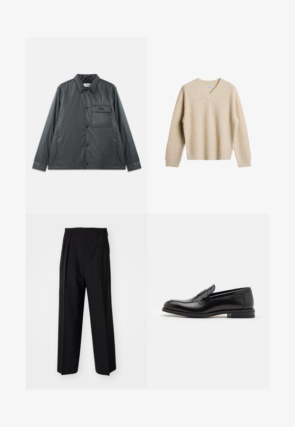 Dark gray, lightweight, button-up jacket with a point collar, long sleeves, and a single chest pocket. Smooth, shiny fabric with minimal hardware.; Beige, ribbed knit sweater with a V-neck and long sleeves. Features a relaxed fit and textured fabric for added warmth and comfort.; Black pleated trousers with a straight, wide-leg design. Made from smooth fabric, featuring a button closure and belt loops.; Black leather loafers with a smooth texture, rounded toe, and a decorative strap across the vamp. Low stacked heel, minimalist design.