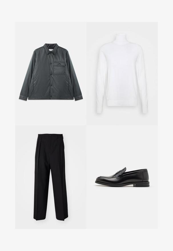 Temno siva, lahka jakna na gumbe s poklopcem, dolgimi rokavi in enim žepom na prsih. Gladek, sijoč material z minimalno strojno opremo.; Bela pulover z bolj dolgimi rokavi in visokim ovratnikom, narejen iz gladkega materiala. Ima prilegan kroj ter žametne manšete in rob. Brez vzorcev ali okrasnih detajlov.; Črne nabirane hlače s ravnim, širokim krojem. Narejene so iz gladkega materiala in imajo zadrgo ter pasne zanke.; Črne usnjene loafer čevlje z gladko teksturo, zaobljenim nosom in dekorativnim trakom čez zgornji del. Nizka zložena peta, minimalističen dizajn.