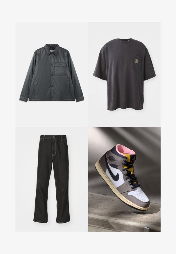 Temno siva, lahka jakna na gumbe s poklopcem, dolgimi rokavi in enim žepom na prsih. Gladek, sijoč material z minimalno strojno opremo.; Črna bombažna majica s kratkimi rokavi, okroglim izrezom in žepom na levi strani prsi, ki vključuje kvadratno oznako. Preprost in neopazen dizajn.; Črne jeans hlače ohlapenega kroja, ki imajo kontrastno belo šivanje, zapiranje na gumb in ravno nogavico.; Visoke Nike Air Jordan superge v beli, sivi in črni barvi z rožnato notranjostjo in rumenem jeziku, nameščene na betonski površini.