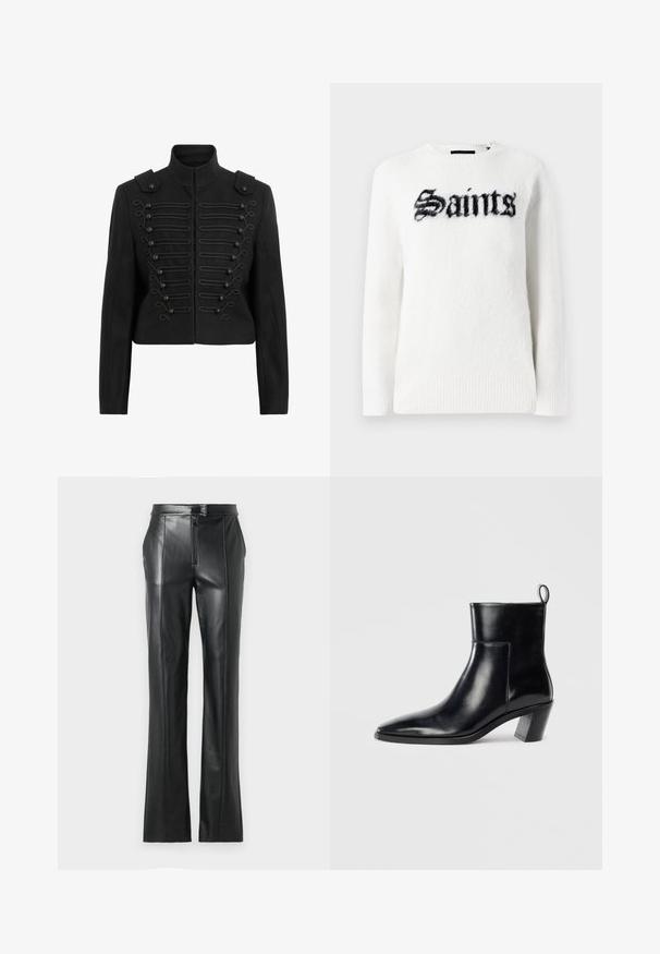 Sort cropped jakke med standen krave, udsmykket knapfront med fletdetaljer og skulderklap på skuldrene.; Hvid sweater i blød stof med en sort "Saints" grafik på forsiden. Rund hals, lange ærmer og ribbede detaljer i kanten.; Sorte læderbukser med lige pasform, høj talje, lynlås og synlige syninger langs sømmene. Glat tekstur.; Sort læder ankelstøvle med spids tå, geometrisk stablet hæl og en løftestrop bagpå. Glat tekstur og slankt design.