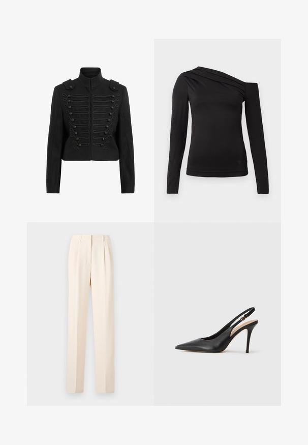Juoda trumpa striukė su stovinčiu apykakle, dekoratyviniais mygtukais su pynimo detalėmis priekyje ir pečiais su epauletėmis.; Juoda ilga rankovė viršūnė su asimetrine apykakle, parodanti vieną petį ir švelniai drapiruota per krūtinę.; Smėliniai pritaikyti kelnių modeliai su raukšlėmis, pasižymintys tiesia kirpimo forma ir lygiu paviršiumi. Juostos viršus yra švarus, be matomų detalių.; Juoda odinė slingback aukštakulnė batai su smailiu pirštu, glotnia tekstūra ir delikatia juosta su metaline sagtimi.