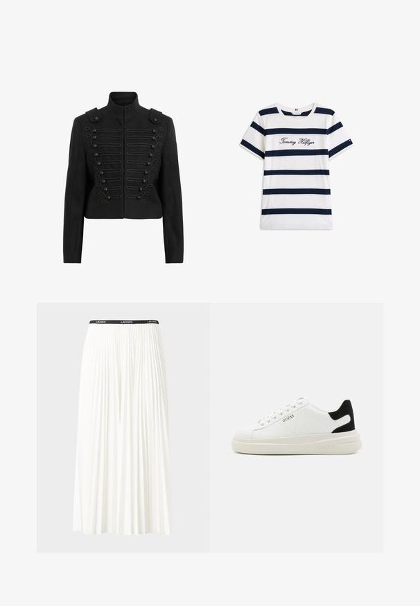 Black cropped jacket featuring a stand collar, ornate button front with braided detailing, and epaulettes on shoulders.; Cotton T-shirt with horizontal navy stripes on a white background. "Tommy Hilfiger" embroidered in cursive on the chest. Crew neckline.; Pleated white skirt with a black elastic waistband featuring the "LACOSTE" logo. Mid-length design with soft texture.; White leather sneakers with a thick white sole, black suede heel accent, and embossed logo on the side. Laced design with six eyelets.
