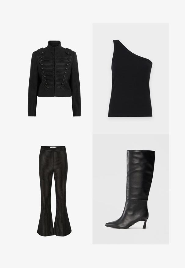 Sort cropped jakke med standen krave, udsmykket knapfront med fletdetaljer og skulderklap på skuldrene.; Løsningstanktop med en skulder i sort ribbet stof, der har et tætsiddende design og blød tekstur. Har en ren, minimalistisk skæring og en glat halsudskæring.; Sorte, flagrende bukser med hvide lodrette striber, som har en glat tekstur og en tætsiddende talje, designet til en skræddersyet pasform.; Sorte læder knæhøje støvler med spids tå og slank hæl. Glat tekstur med sømløst design og en poleret finish.