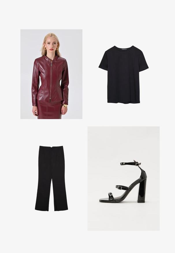 Bordowa kurtka z sztucznej skóry o dopasowanym kroju, wysokim kołnierzu, pikowanym wzorze i srebrnym zapięciu na zamek. Pasuje do dopasowanej spódnicy.; Prosta, krótko rękawowa czarna koszulka bawełniana z okrągłym dekoltem, prezentowana na białym tle.; Czarne spodnie o prostym kroju, z przednimi kieszeniami i bocznymi rozcięciami na dole. Wykonane z miękkiego, gładkiego materiału. Odpowiednie na różne okazje.; Czarne lakierowane sandały na wysokim obcasie, z dwoma paskami zapinanymi na klamry, kwadratowy nosek i masywny obcas typu słupek, o gładkiej, błyszczącej fakturze.