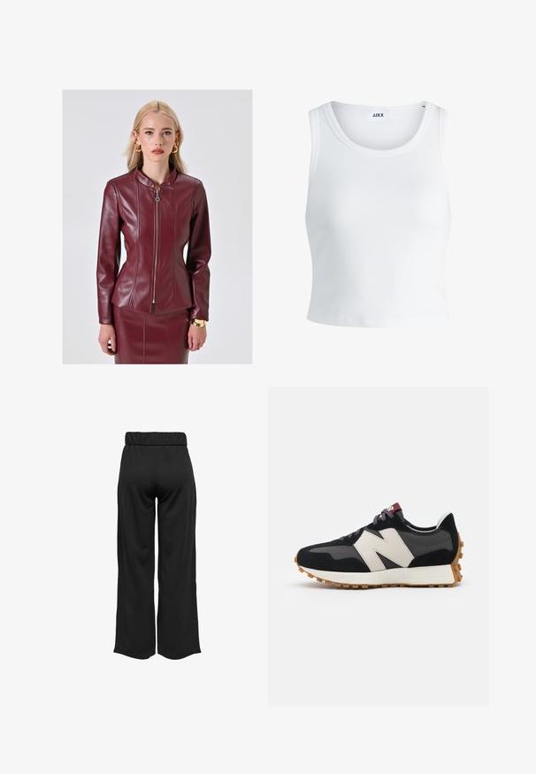 Bordeaux neplederen jas met een slim fit, hoge nek, gewatteerd patroon en zilveren ritsluiting. Past goed bij een getailleerde rok.; Witte geribbelde tanktop met een ronde hals, zonder mouwen en een cropped lengte. Label draagt "JJXX." Gladde stoftextuur.; Zwarte, wijde broek met een elastische tailleband, gemaakt van gladde stof. Heeft een strakke uitstraling zonder zakken of zichtbare stikseldetails.; Zwarte en grijze suède sneaker met een groot crèmekleurig "N"-logo, paarse veters en een gestructureerde rubberen zool van gum.