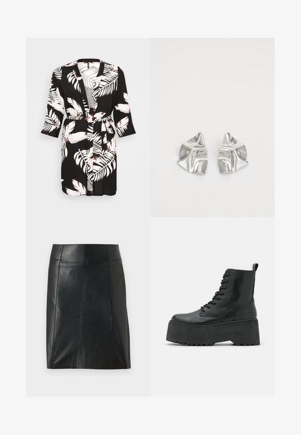 Robe estilo quimono preto com padrões de folhas tropicais brancas e burgundy. Mangas longas, cintura cingida e design de frente aberta.; Vero Moda VMEMMA - Blusa com botões - black; Saia de couro preta com um design ajustado. Textura suave, costuras que delineiam a forma e uma barra reta. Aparência minimalista e elegante.; Botas de tornozelo pretas com sola plataforma robusta, feitas de couro liso, com um design de atacadores e uma alça na parte de trás.; Brincos de metal prateado com um design ondulante e escultural, apresentando um acabamento polido e formas irregulares, destacando uma estética contemporânea.