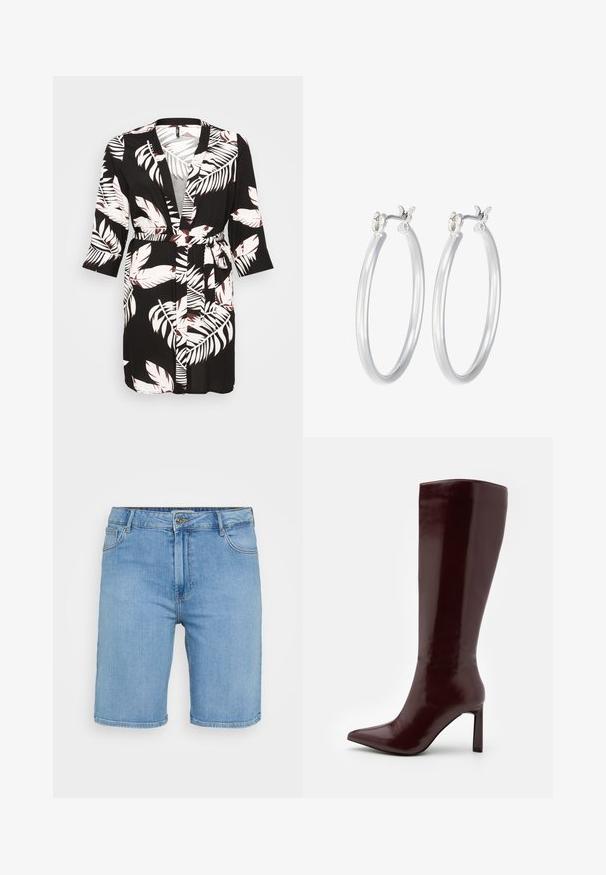 Melna kimono stila halāts ar baltām un bordo tropu lapu rakstiem. Garas piedurknes, jostasvietas siksna un atvērta priekšpuse.; Gai zils džinsa krekls ar īsām piedurknēm, ar divām priekšējām kabatām un rotāts ar mazām sudraba pīrsingiem visā. ; Gaiši zili denima šorti ar klasisku griezumu, kas aprīkoti ar priekšējo pogu aizdari, jostu cilpām un divām sānu kabatām. Gluda tekstūra un taisns apakšmala.; Even&Odd Zābaki - dark red; Sudraba riņķveida auss gredzeni ar gludu, pulētu apdari. Apaļa forma un drošs klikšķa augšējais slēgums. Viegls dizains, kas piemērots ikdienas valkāšanai.